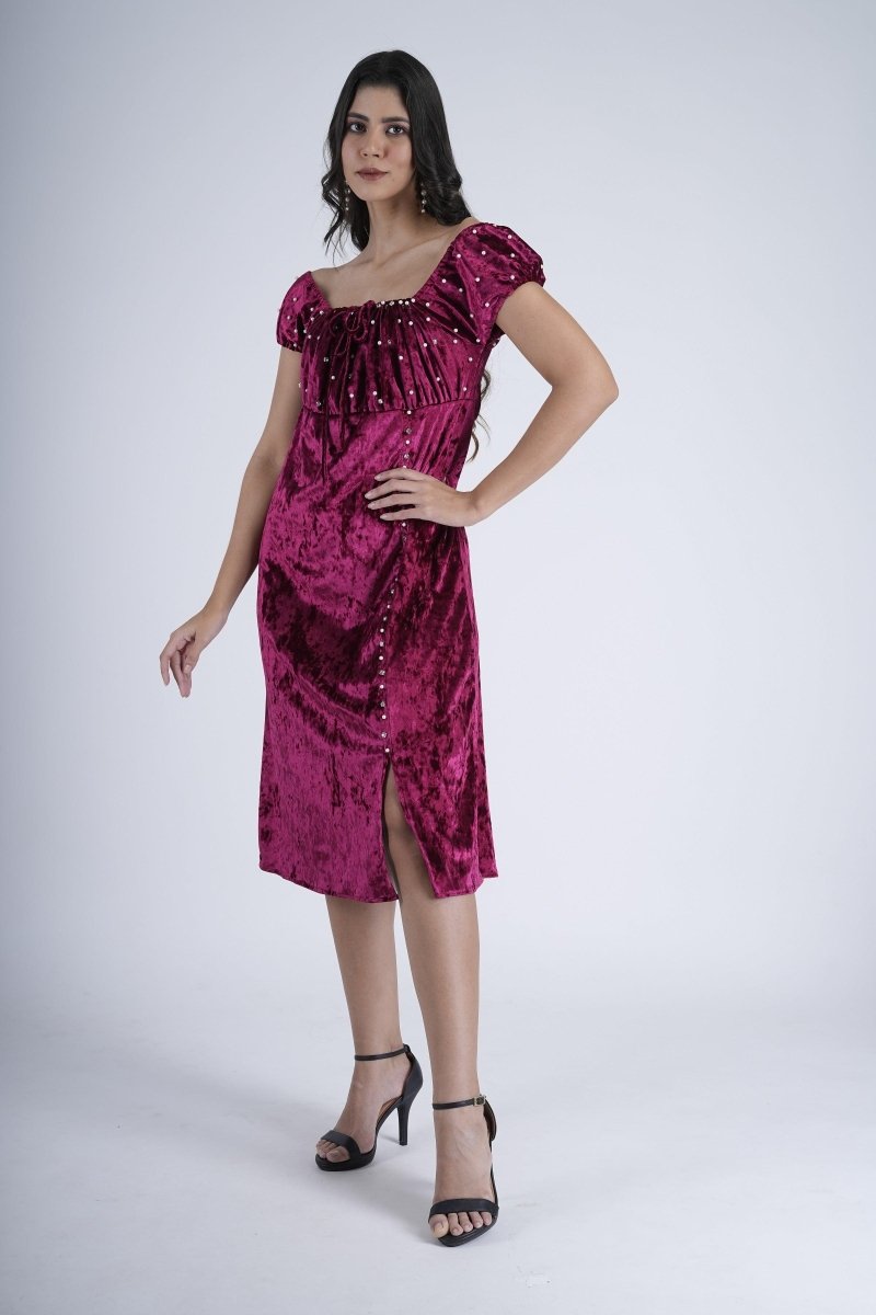 Berry Off-Shoulder Velvet Dress - Nirmal Online