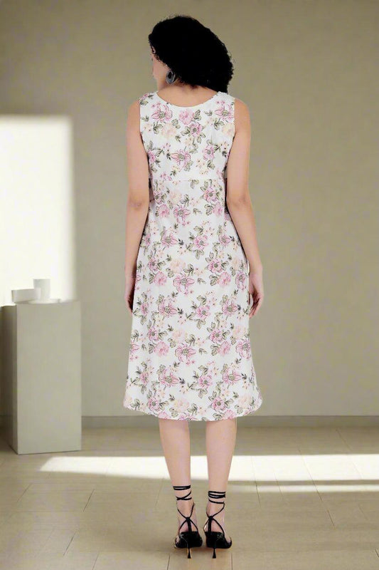 Multi Flower Printed White Long Dress - Nirmal Online