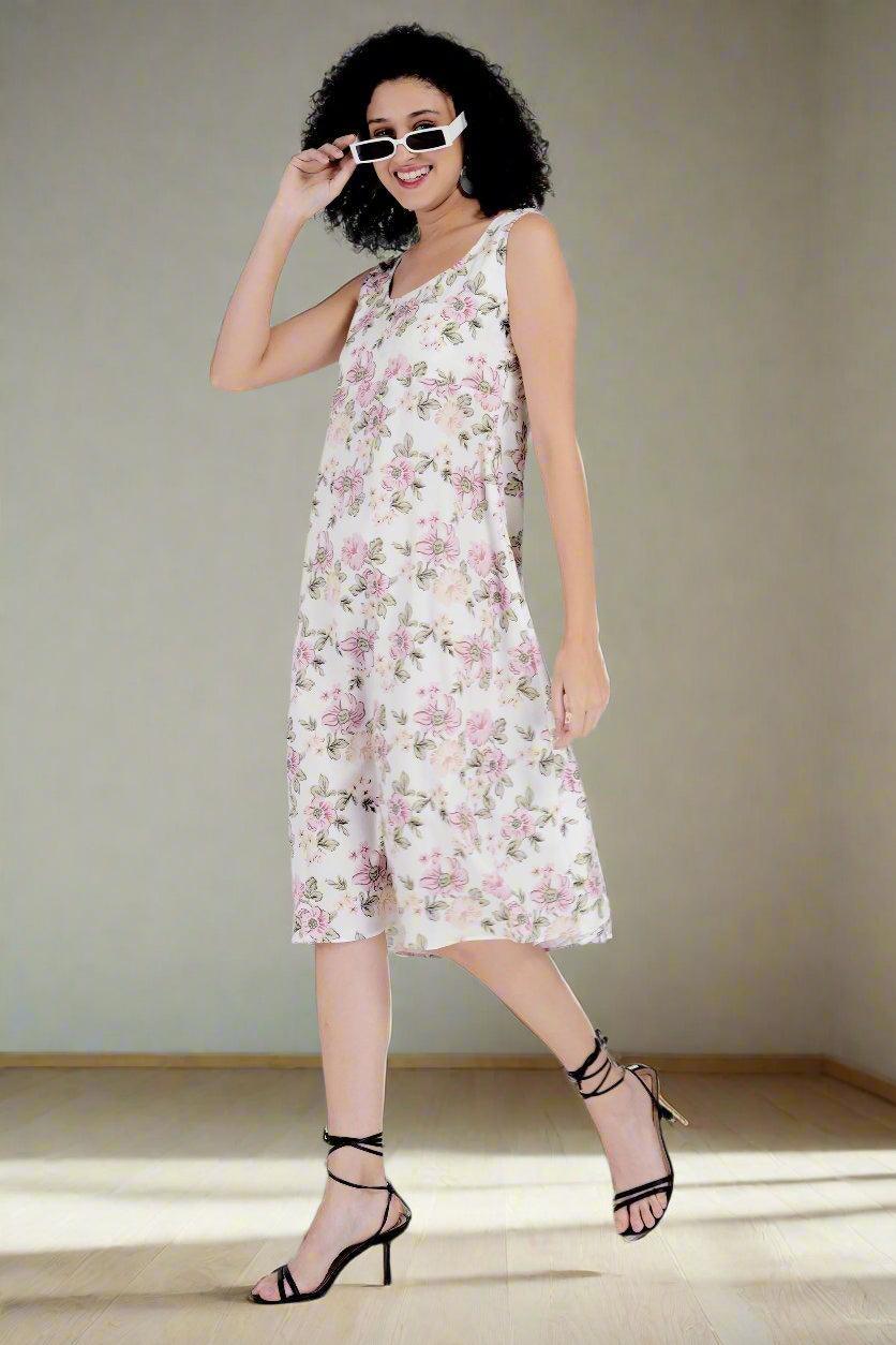 Multi Flower Printed White Long Dress - Nirmal Online