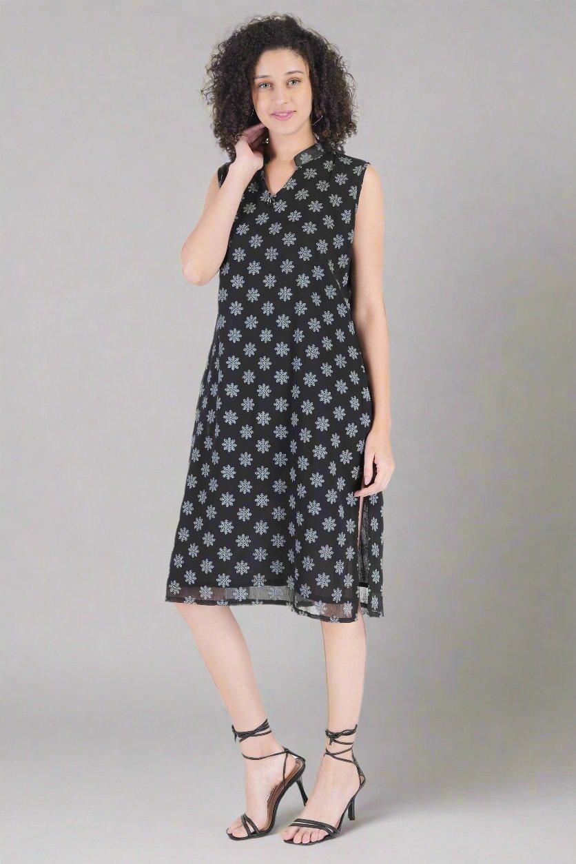 Snowflake Printed Black Dress - Nirmal Online