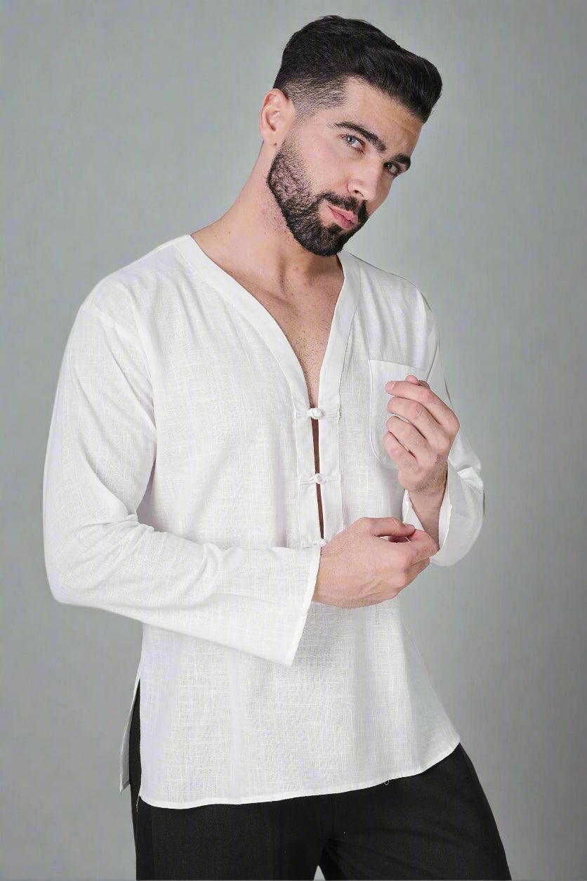White self button Kurta - Nirmal Online