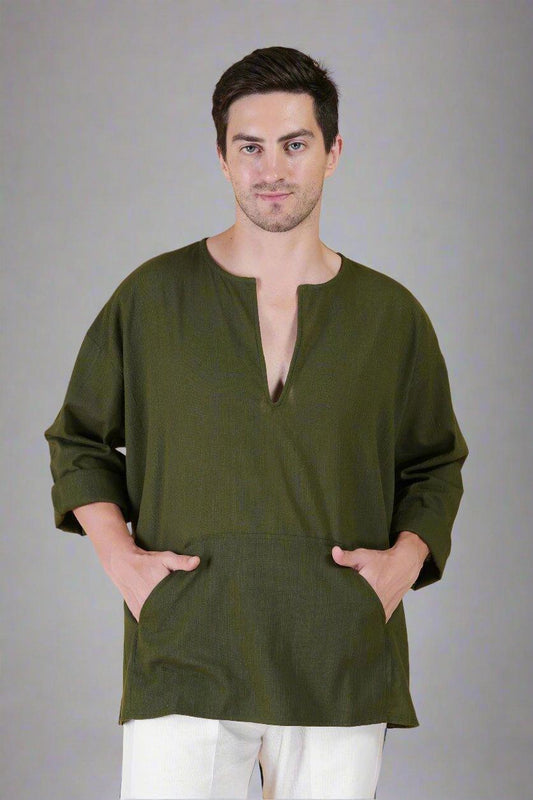 Olive Green Off Shoulder Loose Cotton Kurta - Nirmal Online