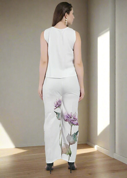 Elastic Waist Floral Digital Print Trousers In Luxe Poly Linen - Nirmal Online