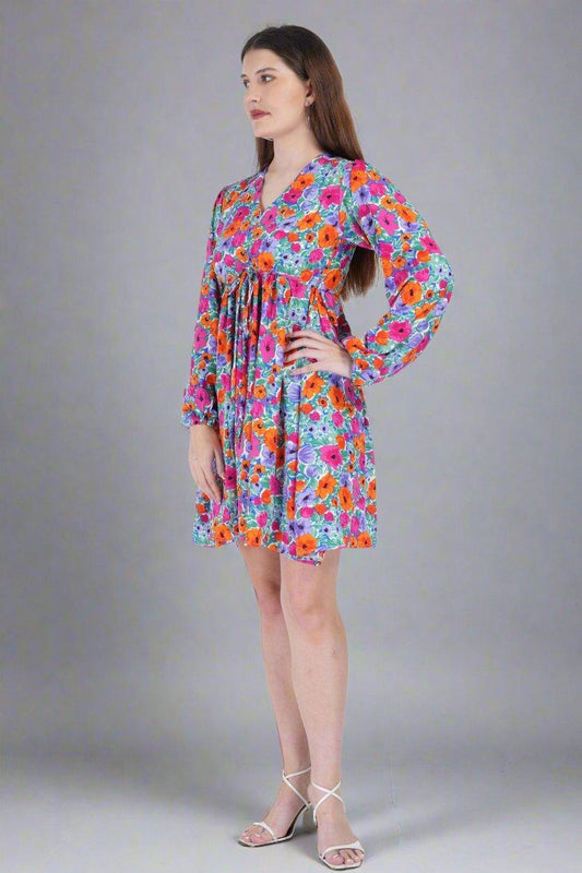 Multi Color Flower Printed Short Dress - Nirmal Online