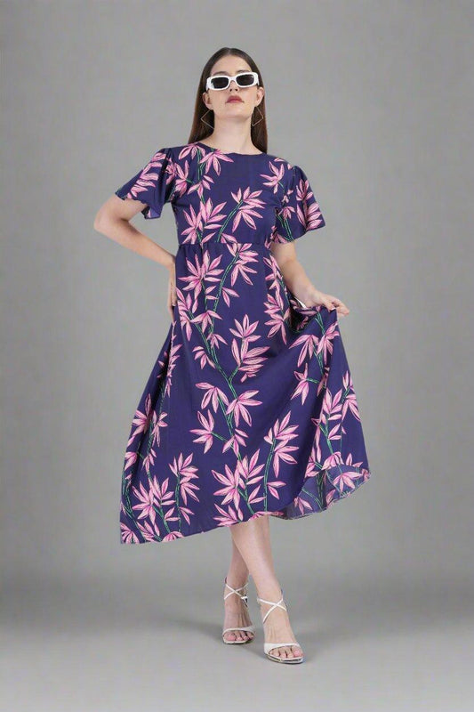 Leaf Printed On Blue Dress - Nirmal Online