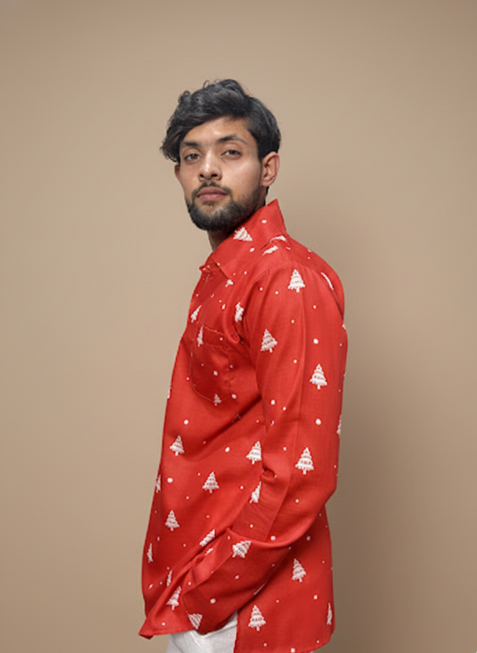 Men Red Christmas-Tree Pattern Kurta