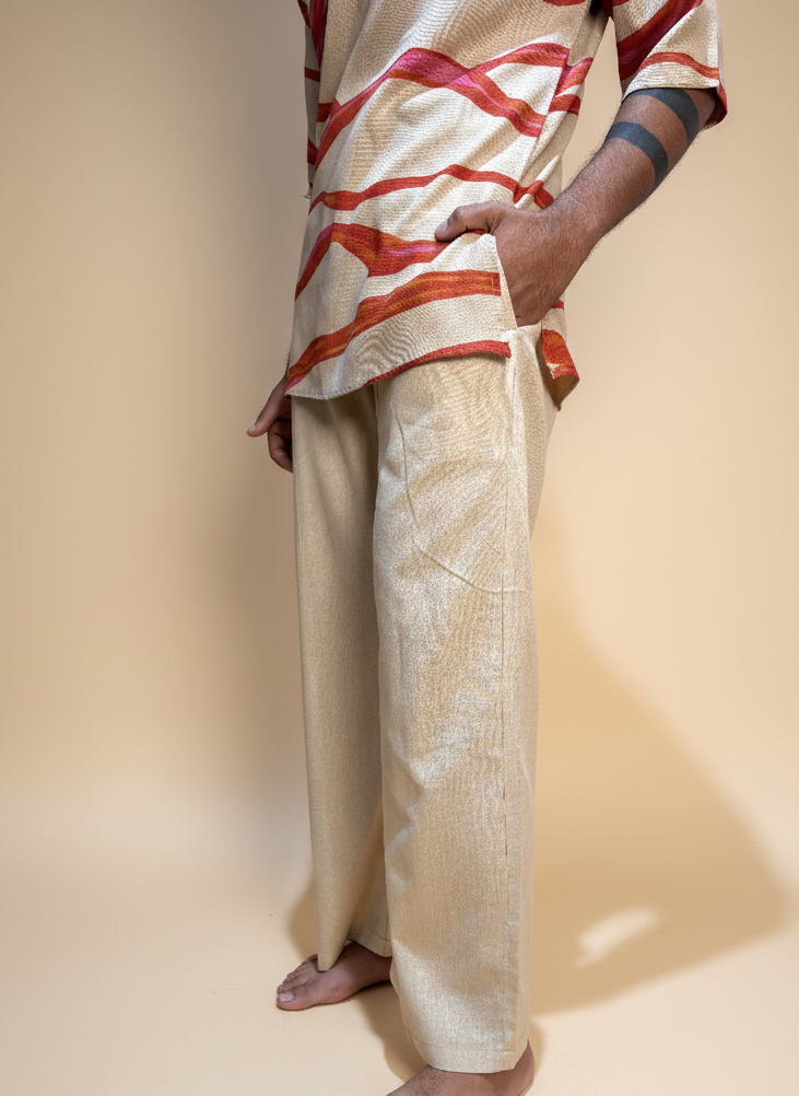 Beige Cream red wave poly linen kurta for men's