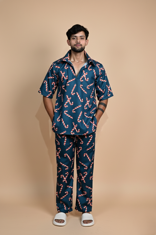Dark Teal Candy CaneDigita Print Kurta For Men's