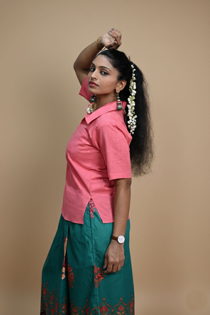 Women Solid Baby Pink Halfsleeve Kurti