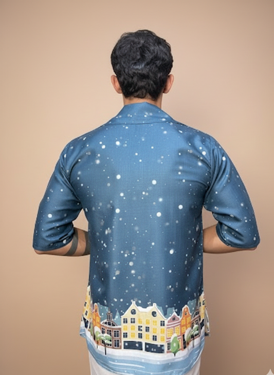 Men Blue Snow-City Print Printed Kurta