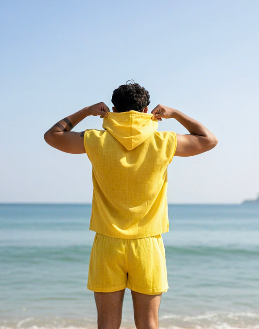 Yellow Sleeveless Beach Hoodie Co-ord Set for Men – Limited Edition