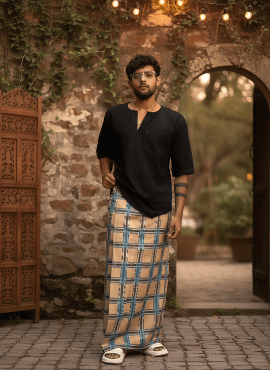 Beige and blue check digital print pajamalungi for men's