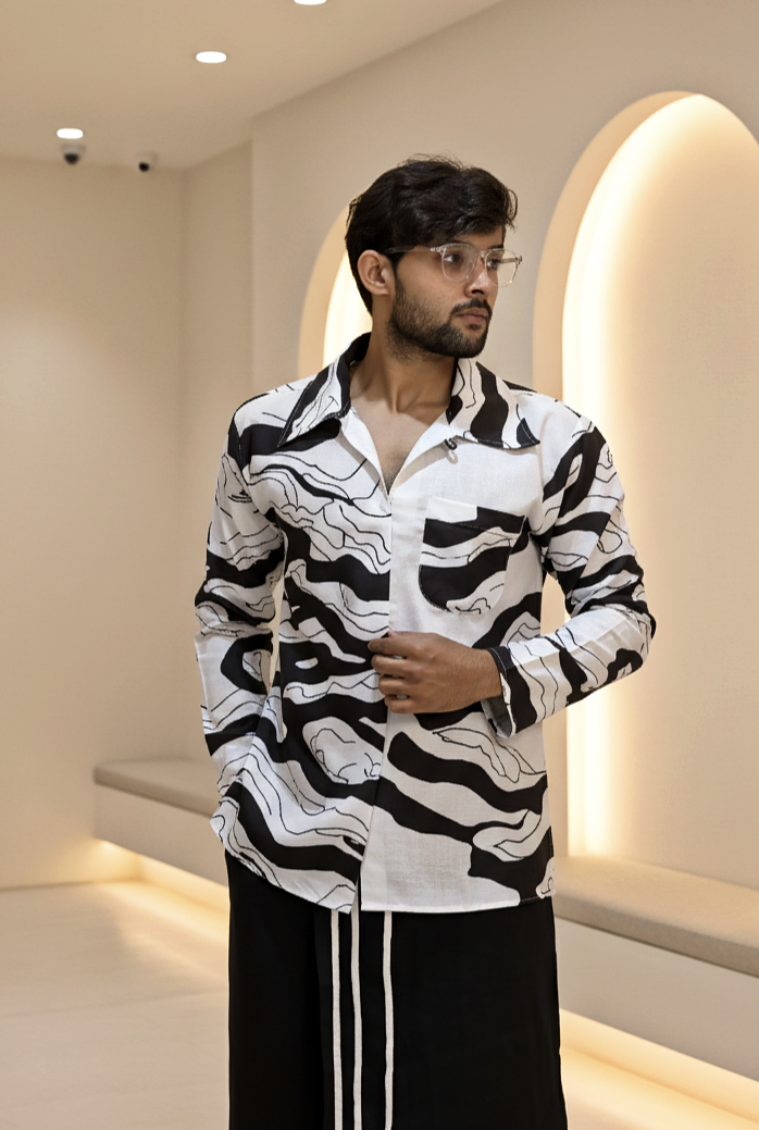 Black and white wave design print kurta for men's