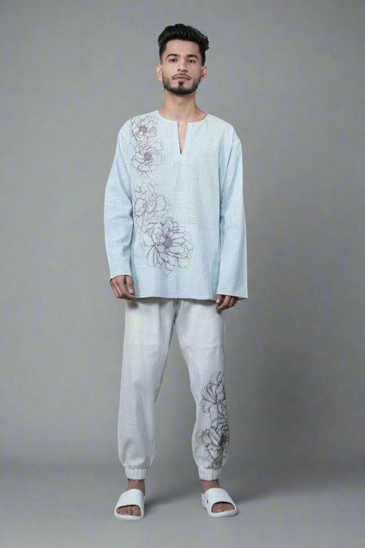 Sky Blue Flower Printed Cotton Kurta - Nirmal Online