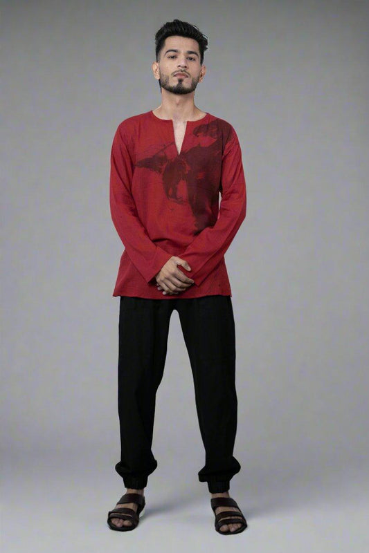 Red Printed Cotton Kurta - Nirmal Online