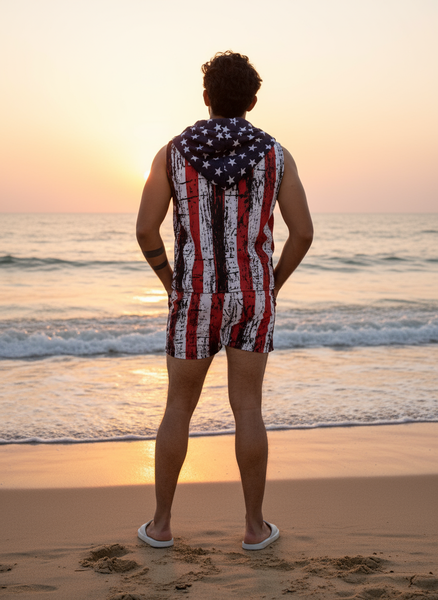 star and stripe print beach sleeveless co-ord set for men