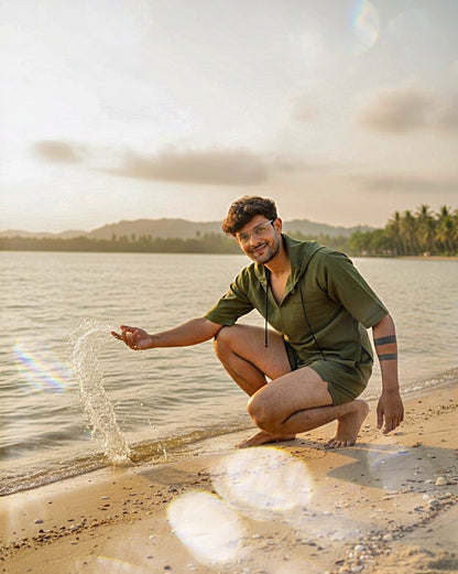 Olive Green Half Sleeve Beach Hoodie Co-ord Set for Men – Limited Edition