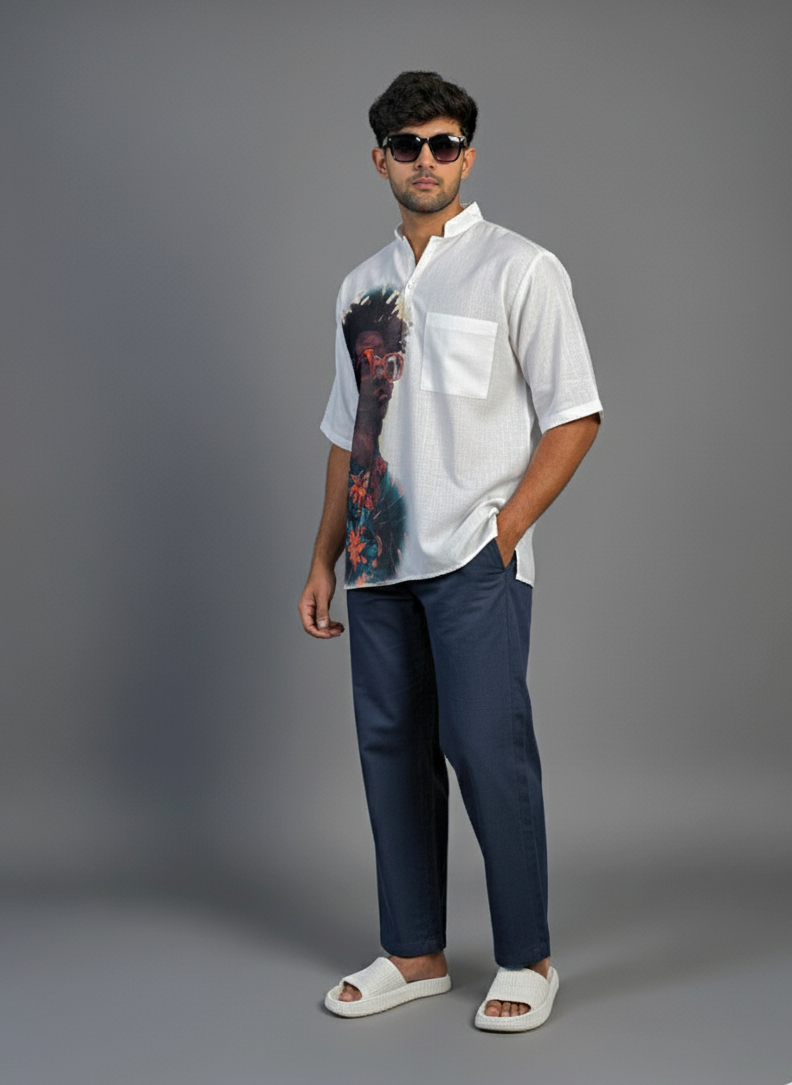 Men Half Sleeve Kurta– Afro Sunglasses Print (White)