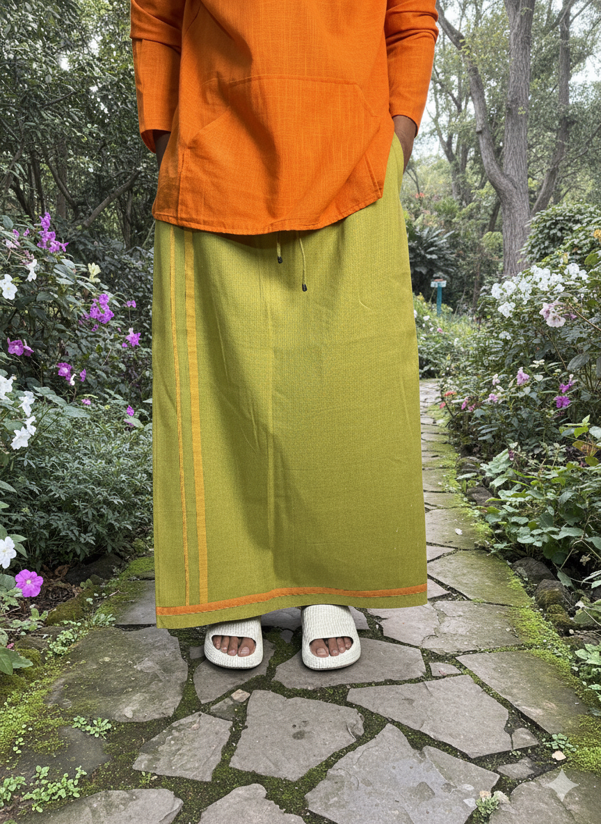 Light green pajamalungi with orange and yellow stripes for men's worn outdoors among flowers.
