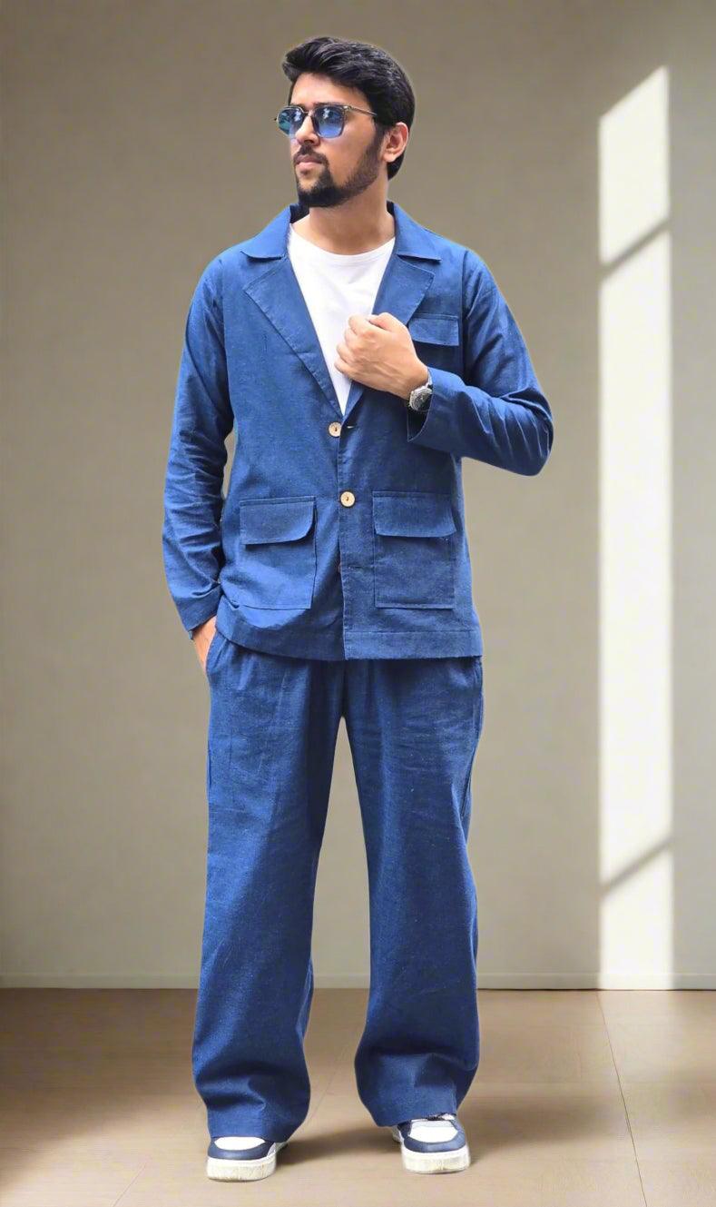 Denim Color Cotton Blazer - Nirmal Online