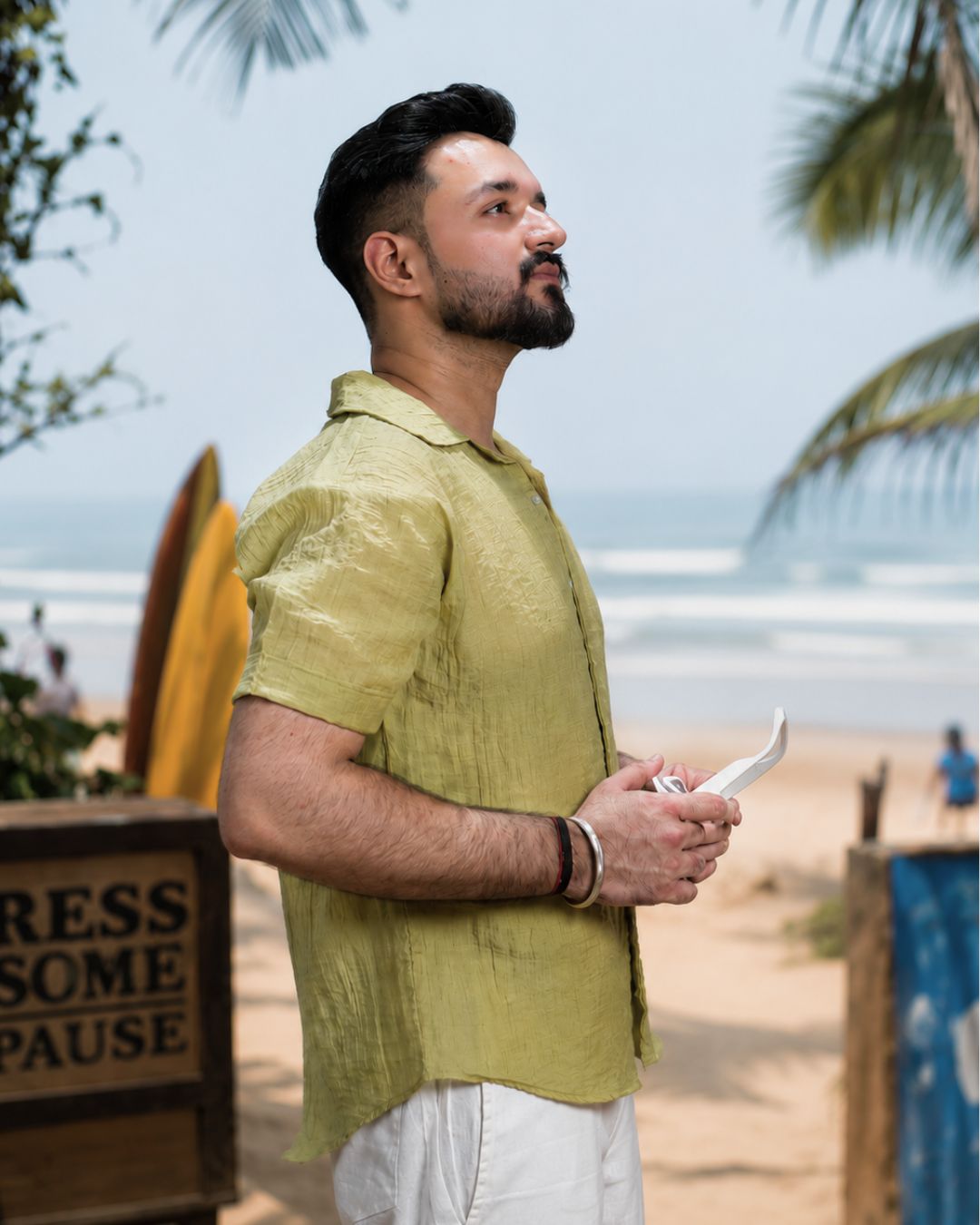 Men Sage Green Colour Chiffon Buttoned Shirt