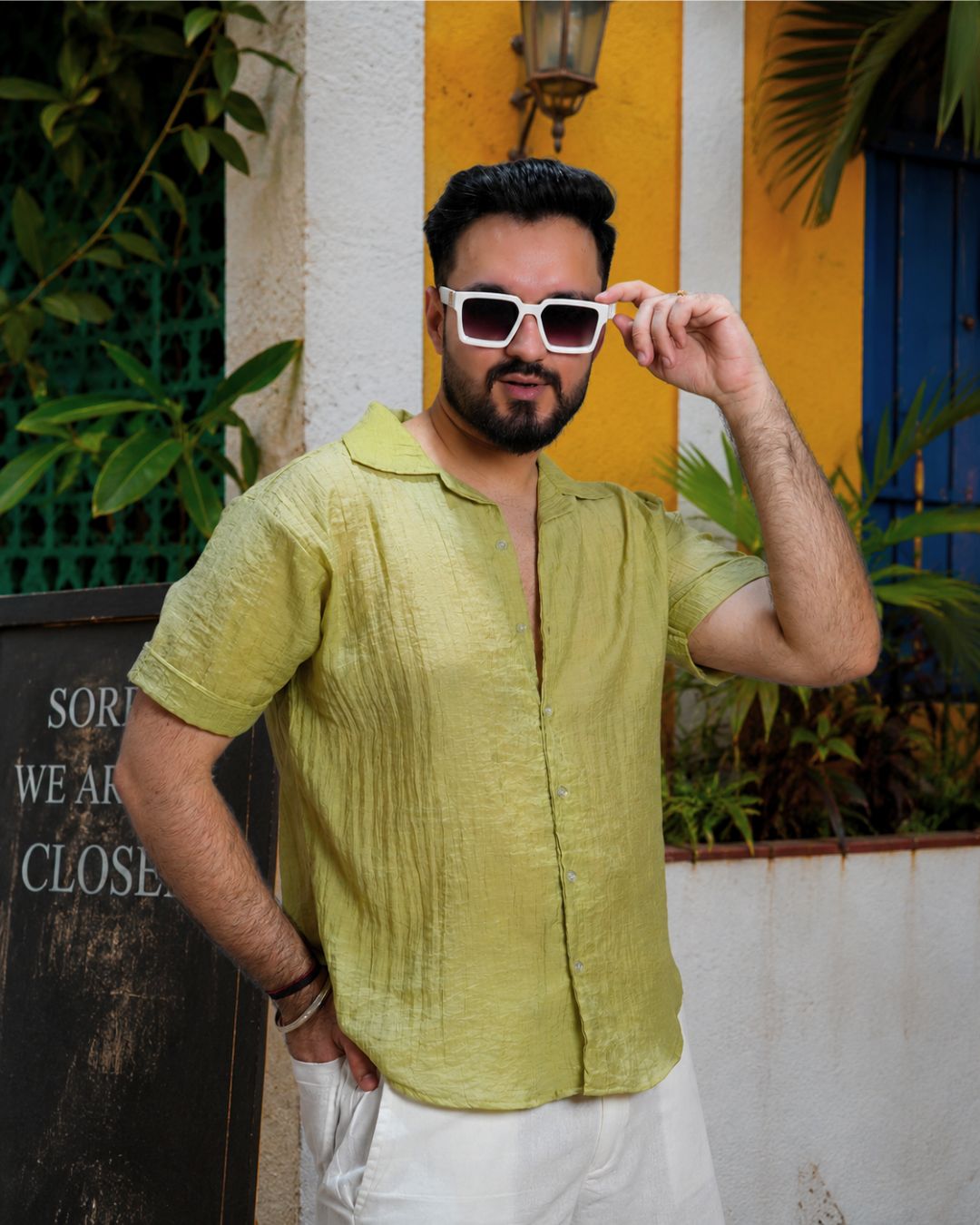 Men Sage Green Colour Chiffon Buttoned Shirt