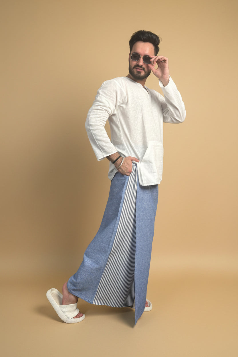 Men Denim Blue Color Pajamalungi With Denim Blue  Stripe Panel