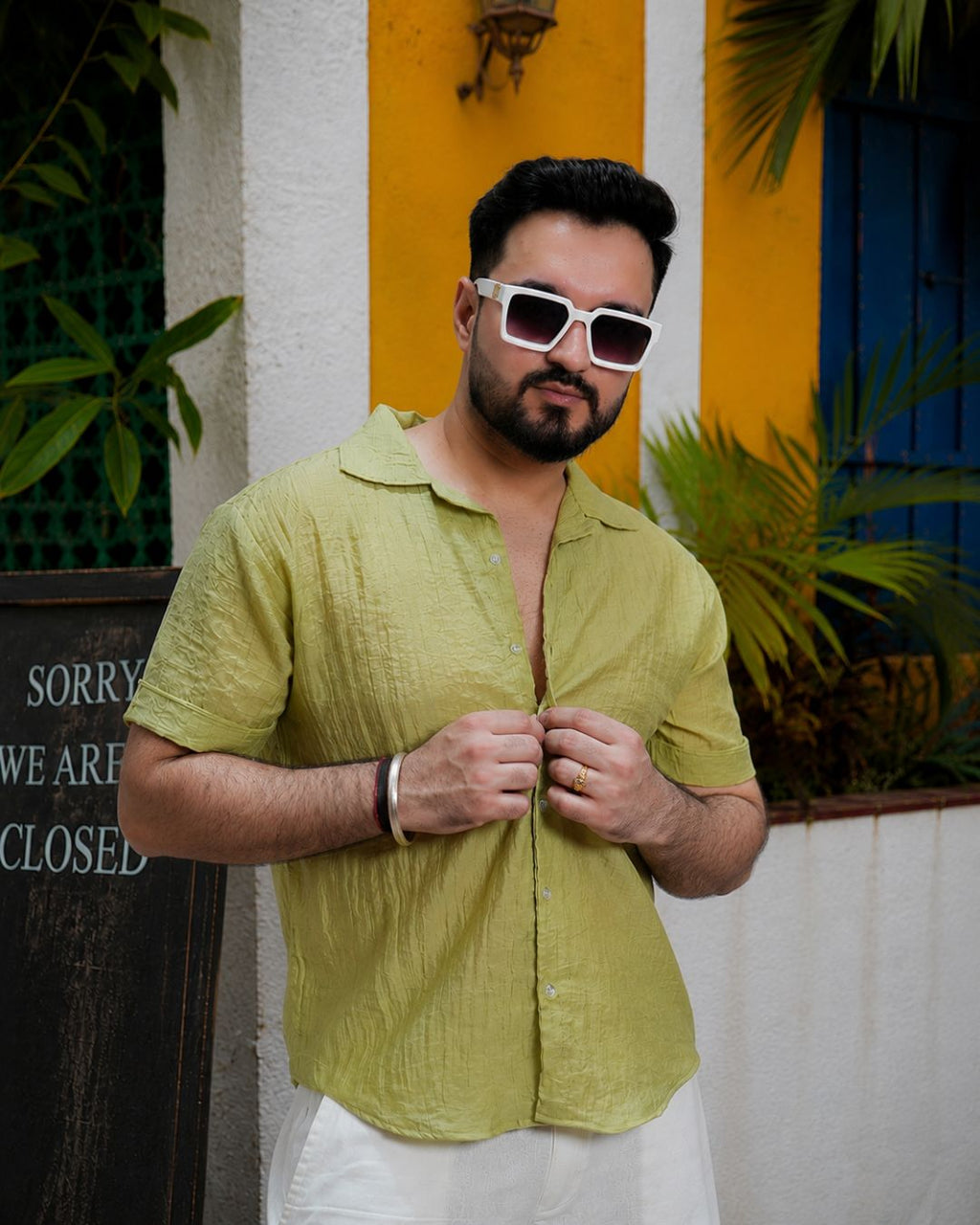 Men Sage Green Colour Chiffon Buttoned Shirt