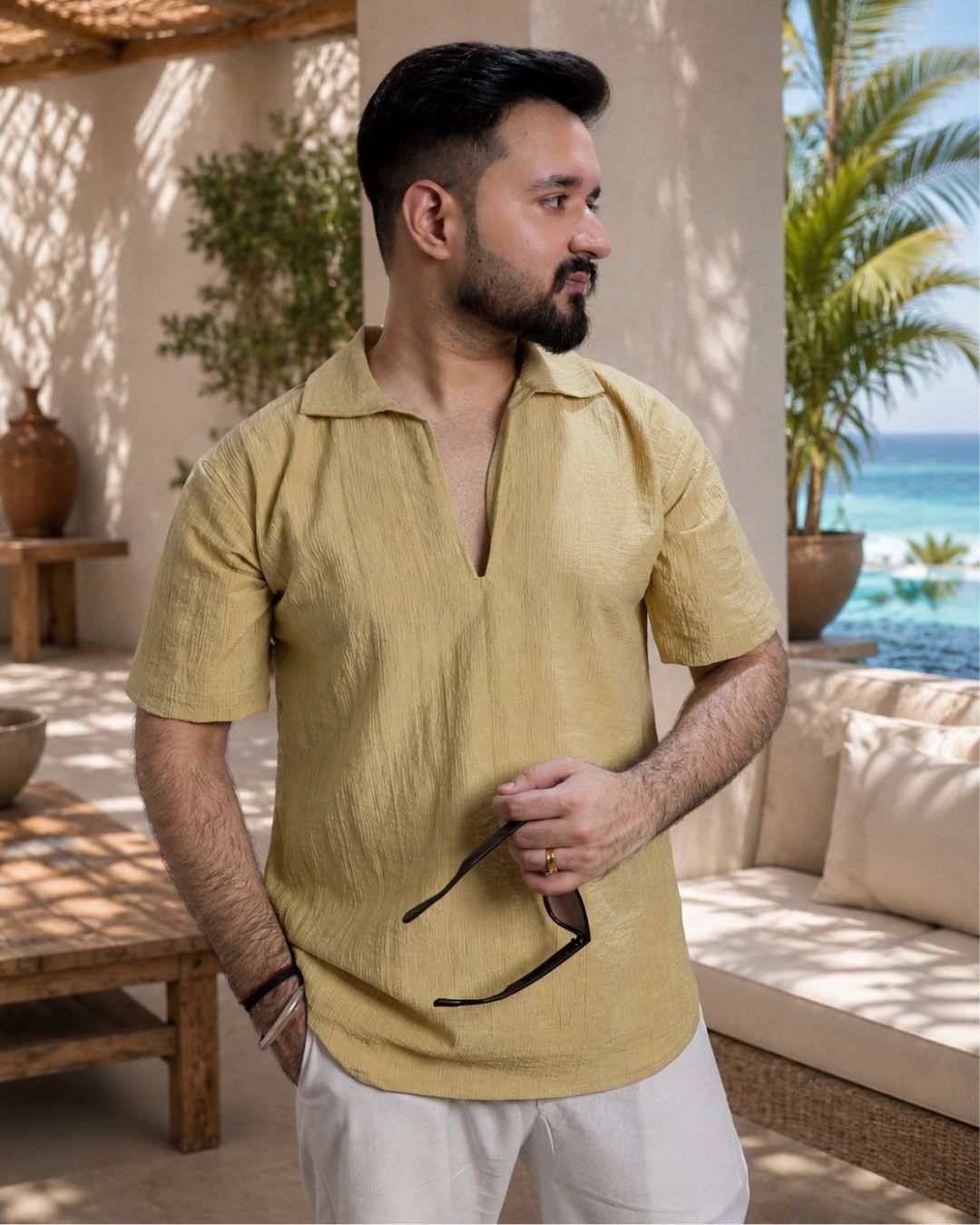 Men Dusty Yellow Colour Marina Chiffon Kurta Shirt