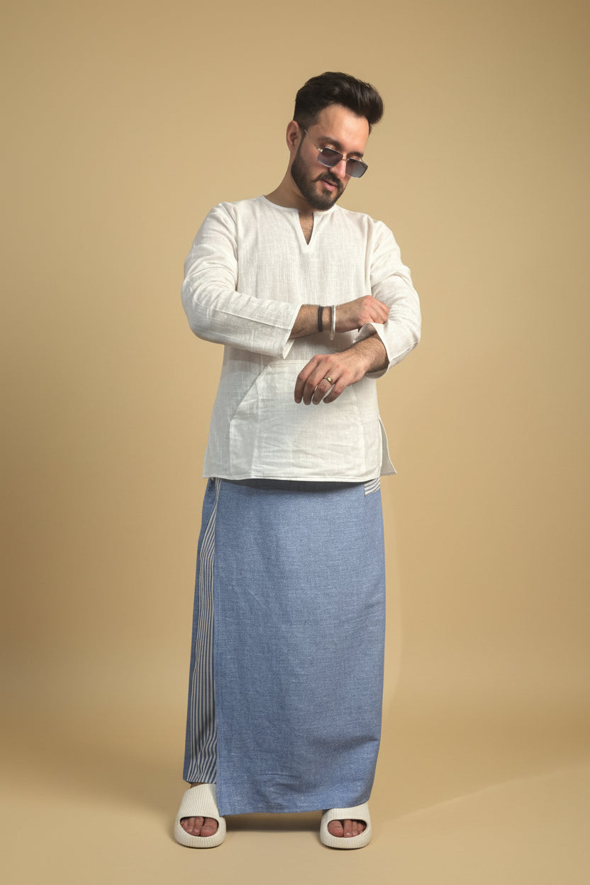 Men Denim Blue Color Pajamalungi With Denim Blue  Stripe Panel