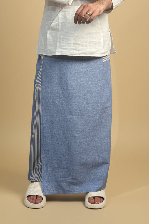 Men Denim Blue Color Pajamalungi With Denim Blue  Stripe Panel
