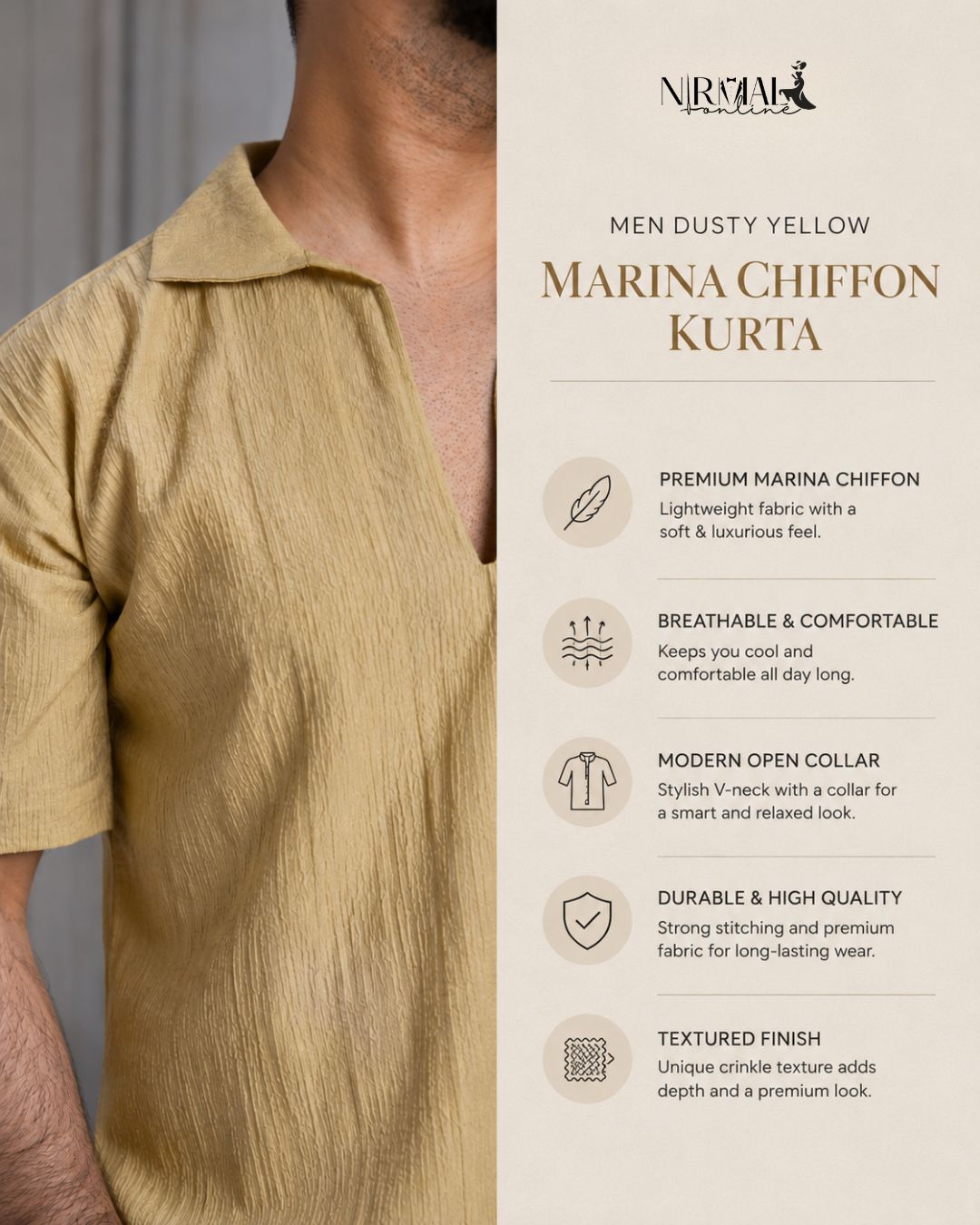 Men Dusty Yellow Colour Marina Chiffon Kurta Shirt