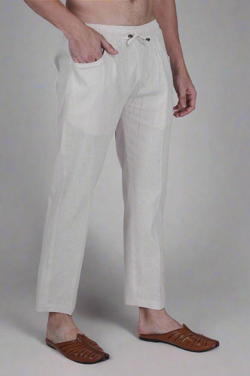 White Cotton linen touch Men's Pajama - Nirmal Online