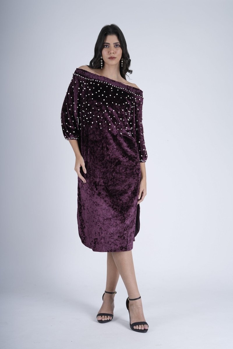 Pearl-Studded Velvet Royalty Dress - Nirmal Online