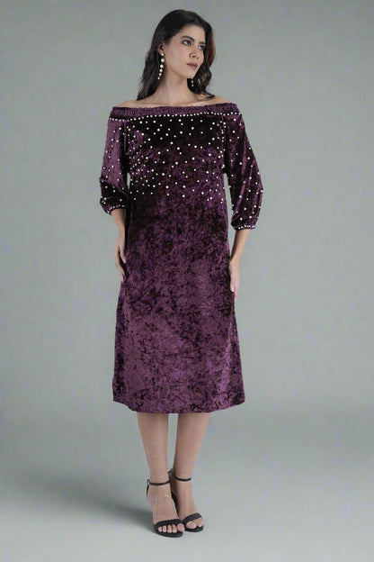 Pearl-Studded Velvet Royalty Dress - Nirmal Online