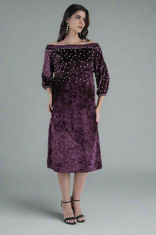 Pearl-Studded Velvet Royalty Dress - Nirmal Online