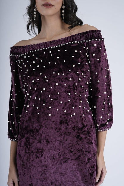 Pearl-Studded Velvet Royalty Dress - Nirmal Online