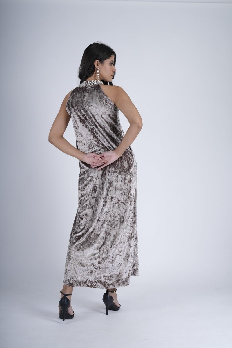 Moonlit Elegance High-Neck Velvet Gown - Nirmal Online