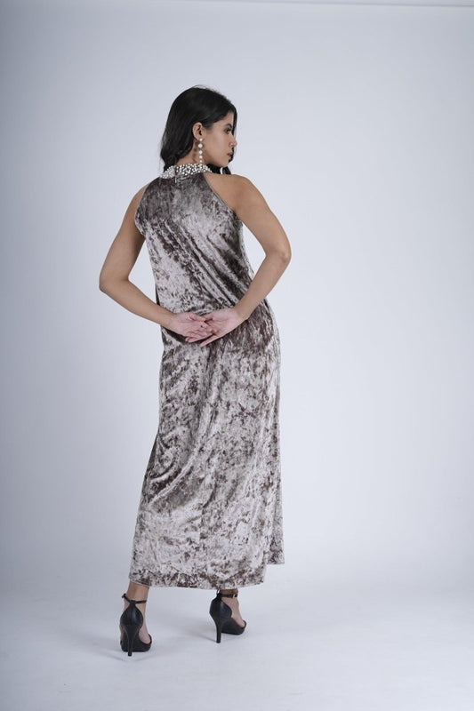 Moonlit Elegance High-Neck Velvet Gown - Nirmal Online