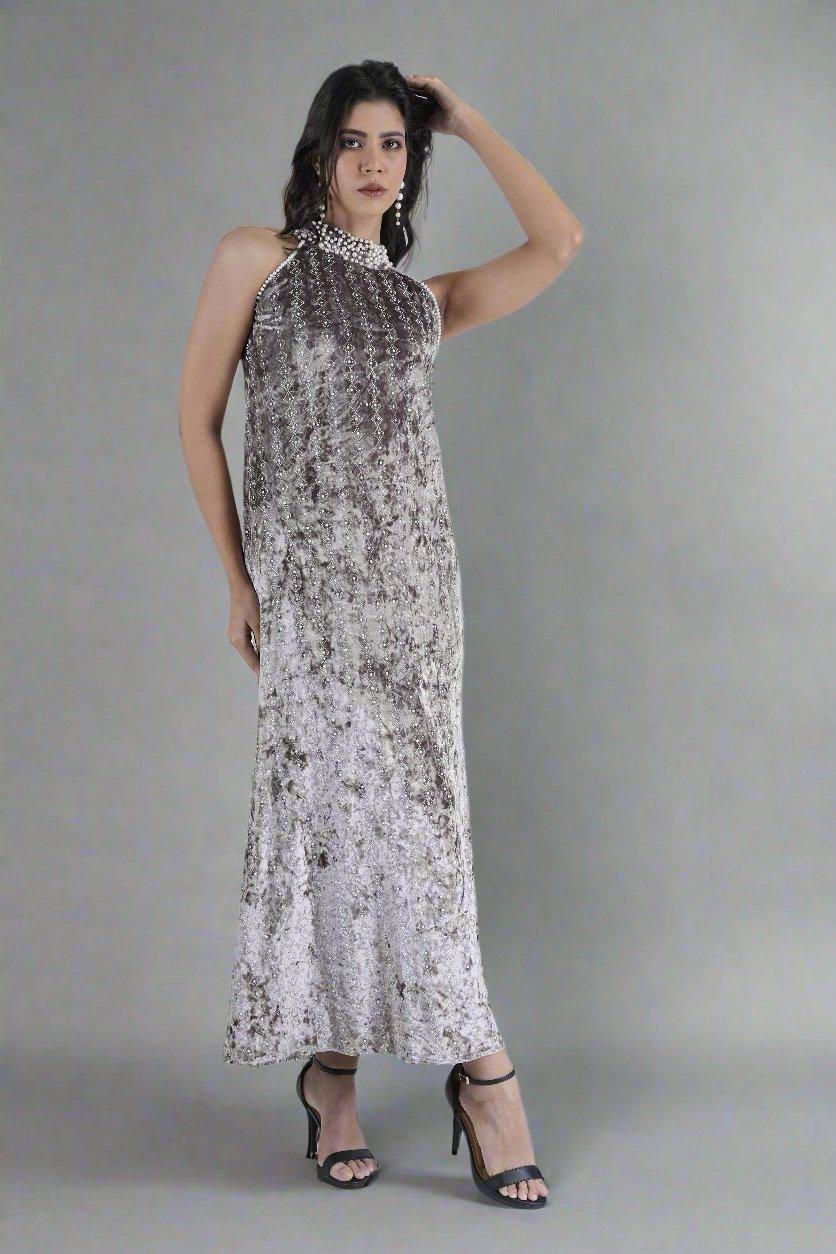 Moonlit Elegance High-Neck Velvet Gown - Nirmal Online
