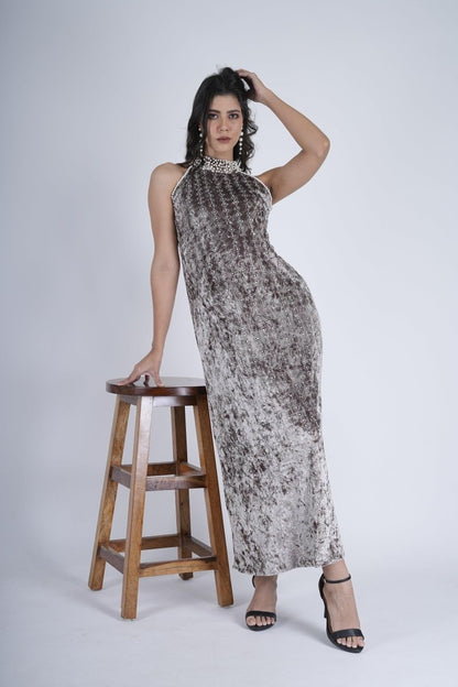 Moonlit Elegance High-Neck Velvet Gown - Nirmal Online