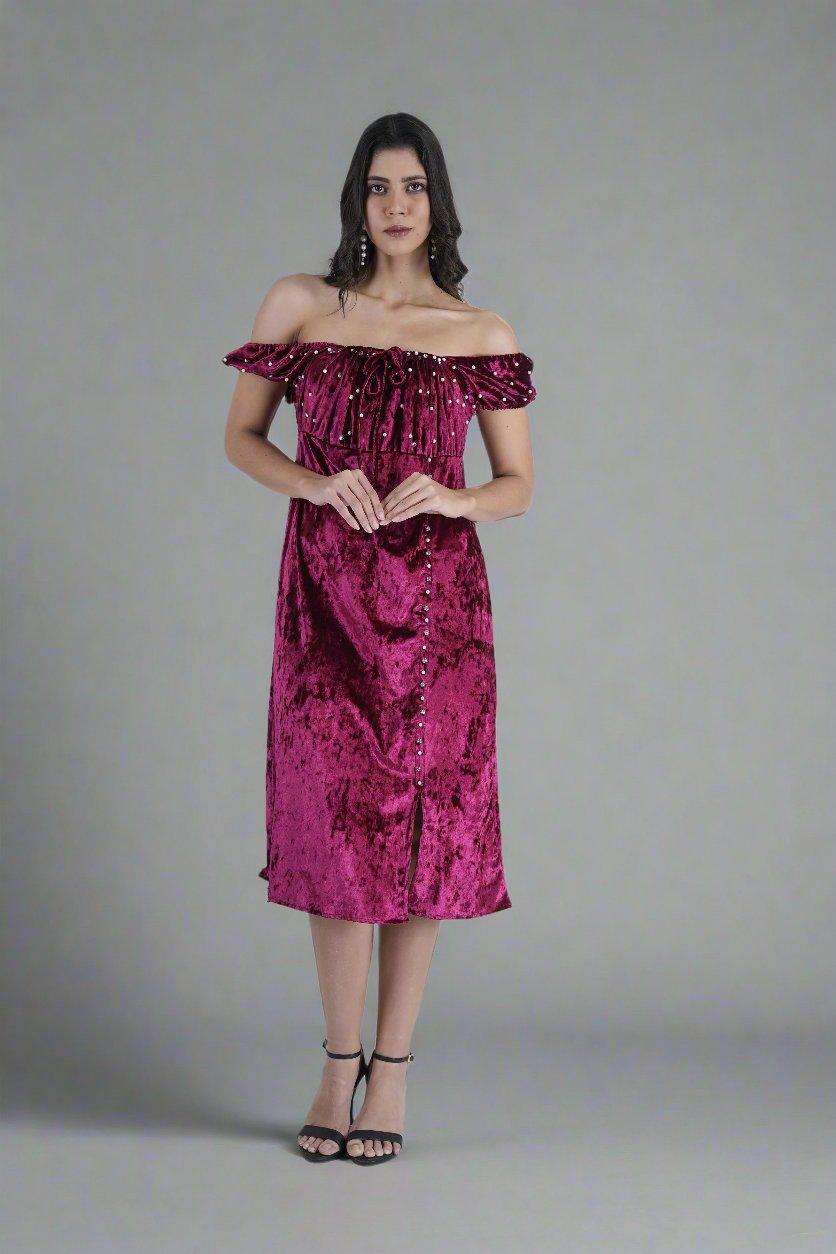 Berry Off-Shoulder Velvet Dress - Nirmal Online