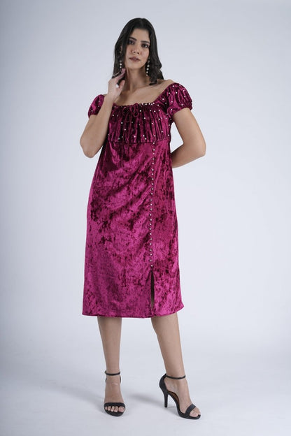 Berry Off-Shoulder Velvet Dress - Nirmal Online