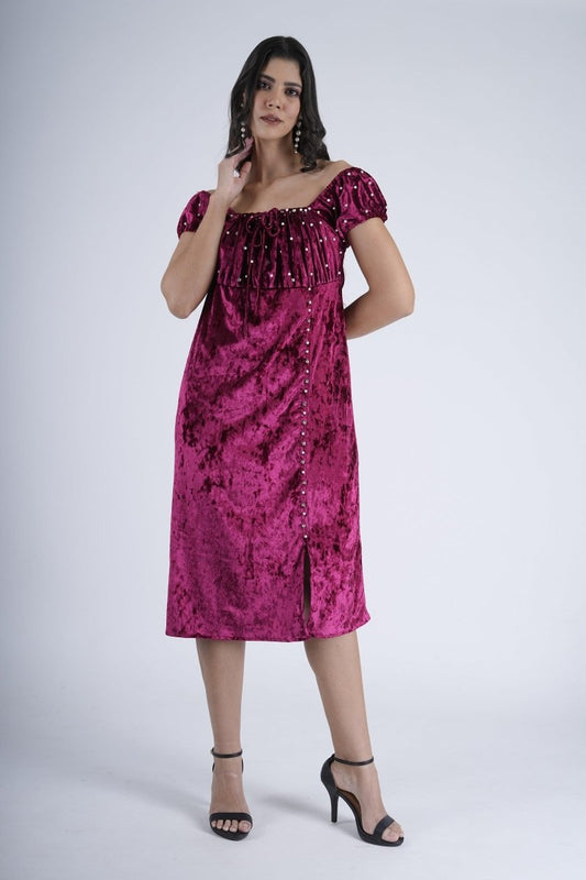 Berry Off-Shoulder Velvet Dress - Nirmal Online