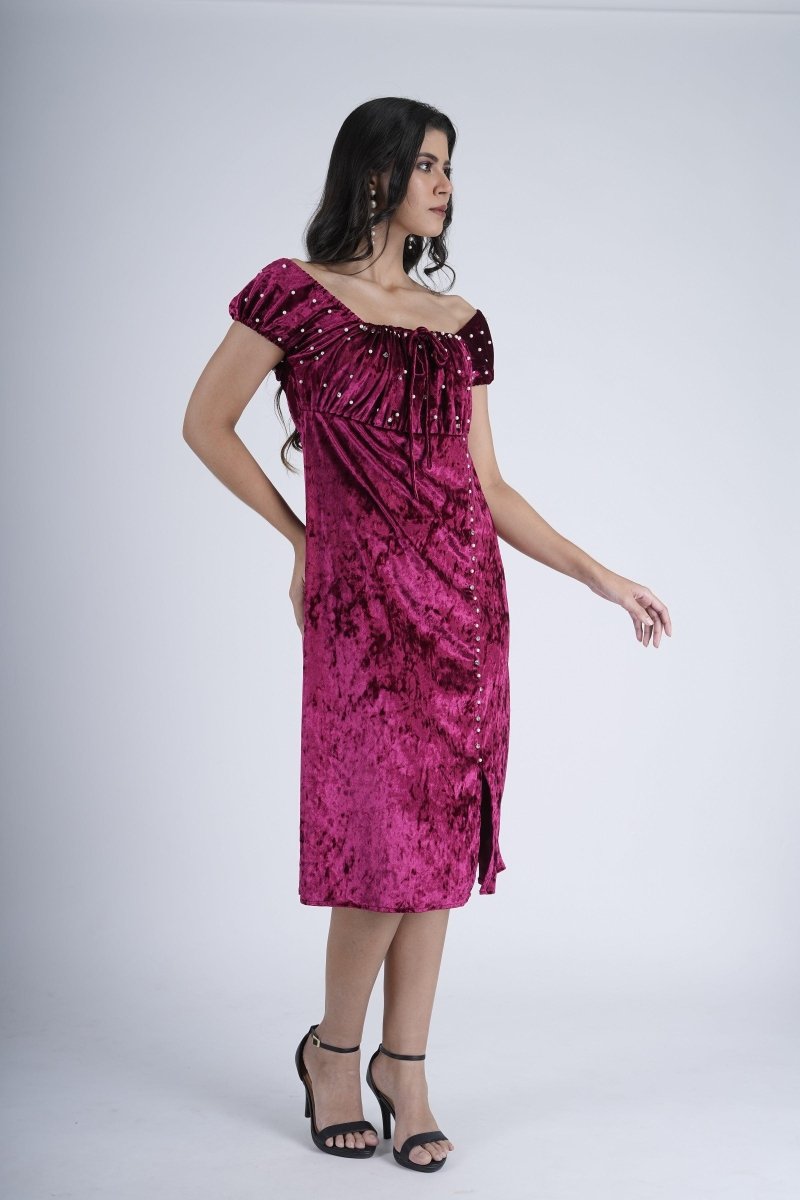 Berry Off-Shoulder Velvet Dress - Nirmal Online