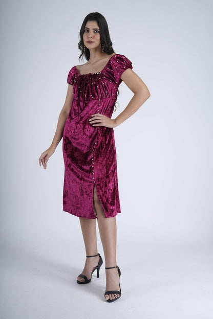 Berry Off-Shoulder Velvet Dress - Nirmal Online