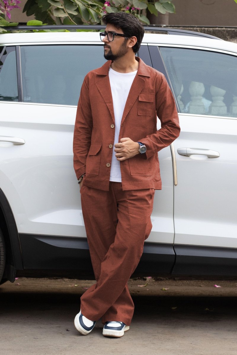 Rust Brown Cotton Blazer - Nirmal Online
