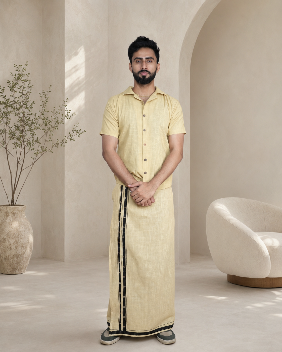 Premium Cotton Stripe Pajamalungi – Earthy Beige