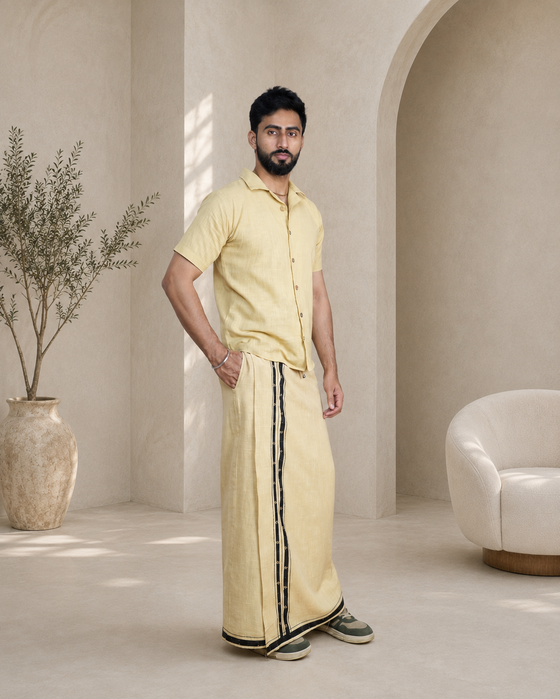 Premium Cotton Stripe Pajamalungi – Earthy Beige