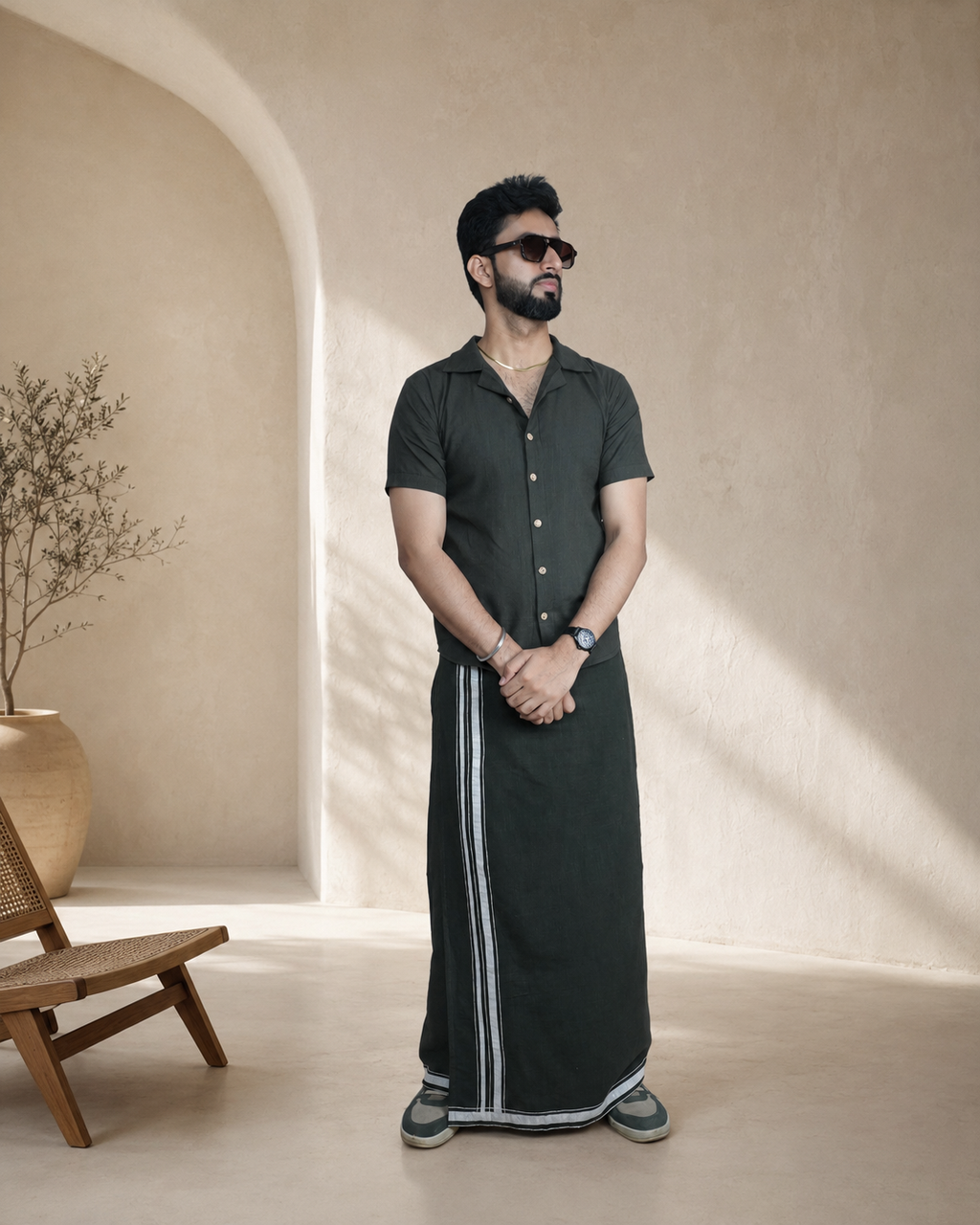 Premium Cotton Stripe Pajamalungi –  Dark Olive